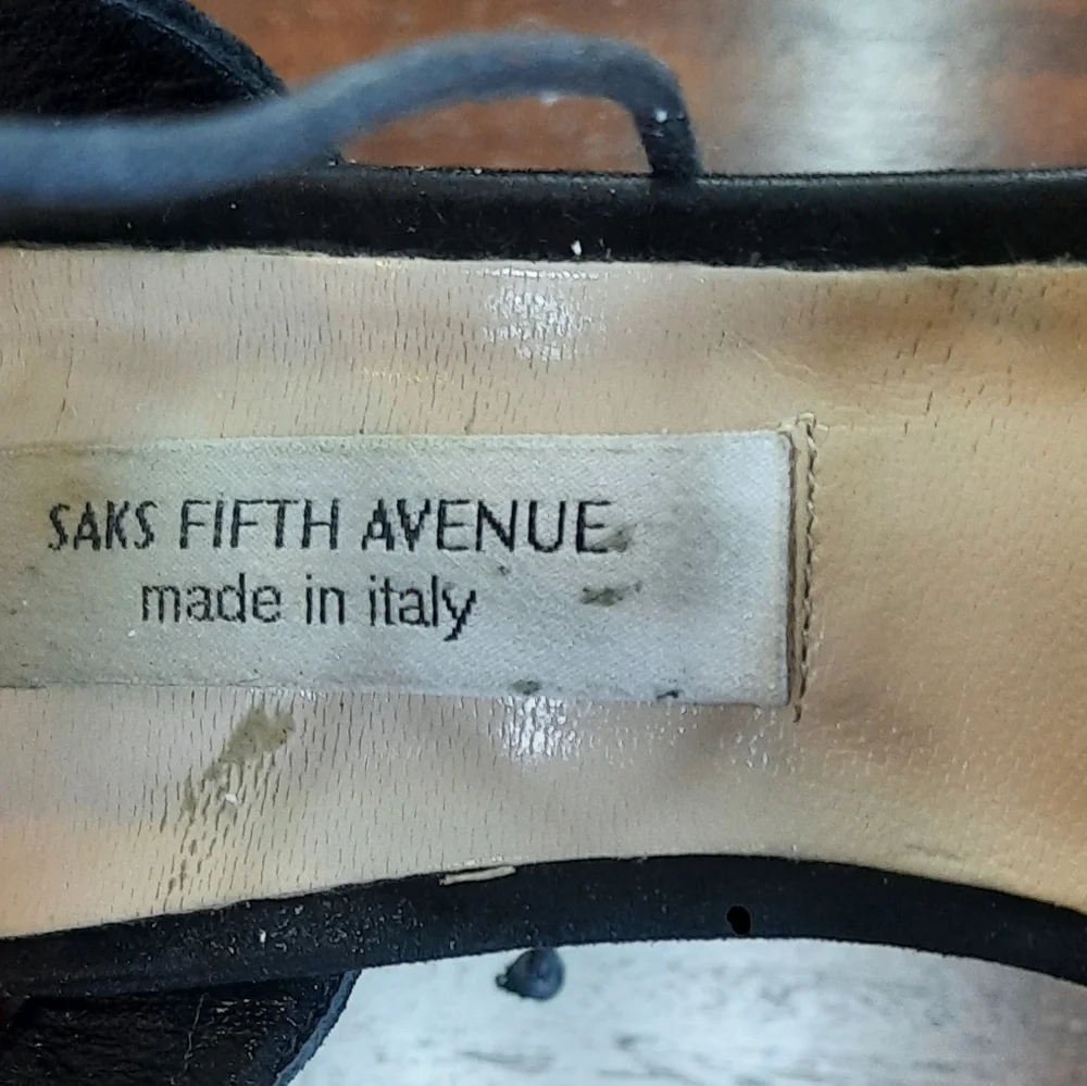 Saks Fifth Ave Black Suede Pointed Toe Stiletto with Corset Ankle Strap